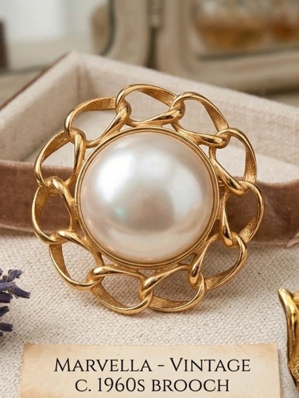 Vintage Signed Marvella Faux Mabe Pearl Openwork Chain Swirl Brooch Pin